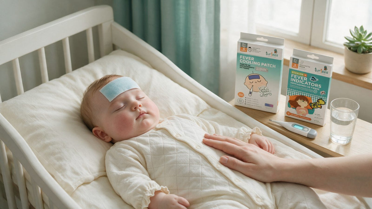 Baby resting in a cot with a cooling patch beside Turtees fever cooling patch and fever indicator boxes