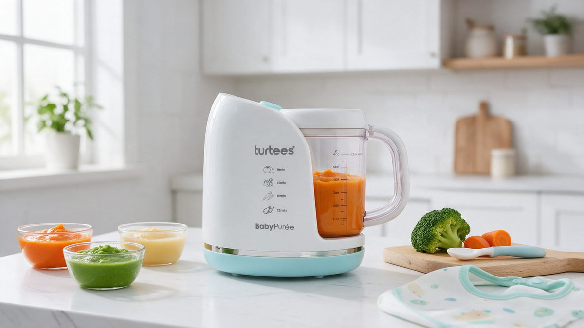 Turtees 4-in-1 baby food maker with homemade sweet potato, pea and carrot purees
