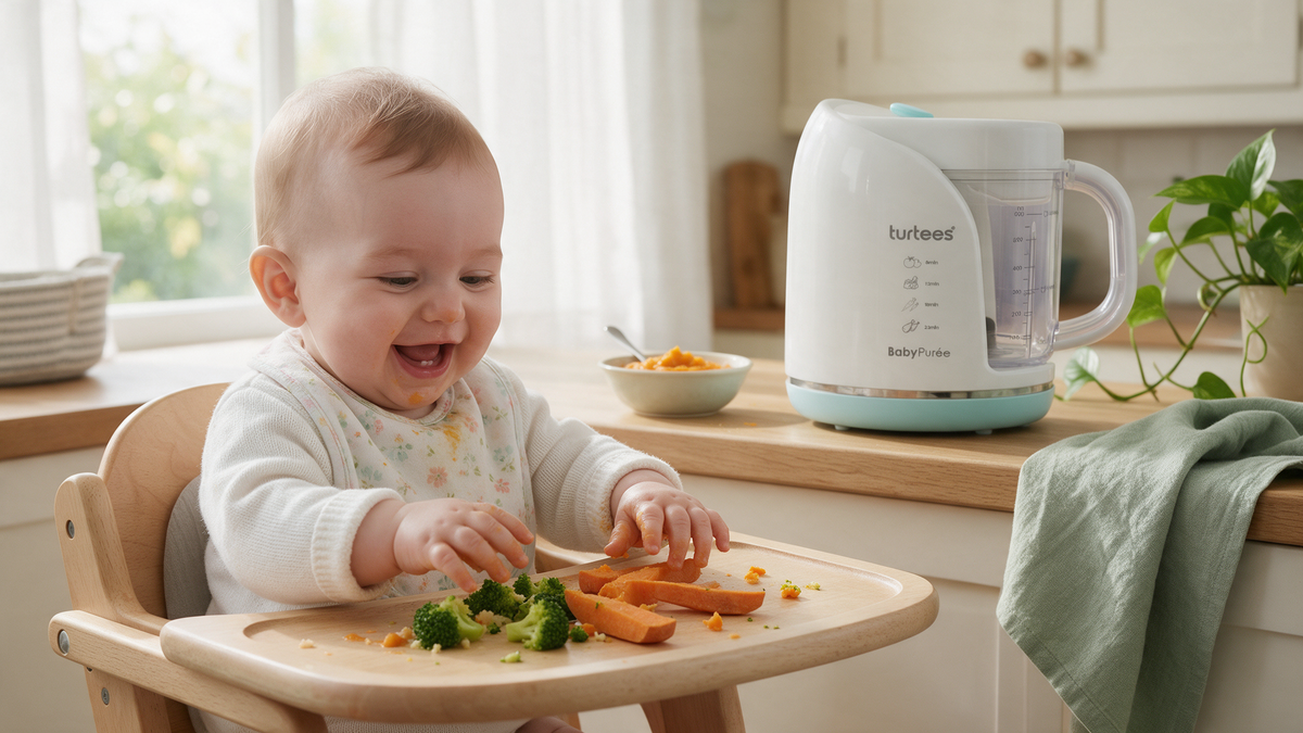 Baby in a highchair eating broccoli and sweet potato beside a Turtees food maker and purée, baby-led weaning vs purées