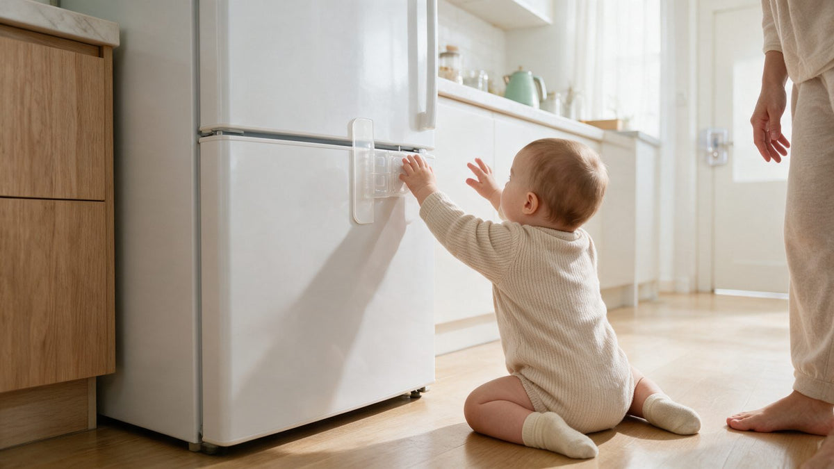 Toddler reaching for a fridge fitted with a Turtees translucent child safety fridge lock in a UAE kitchen, baby proofing checklist