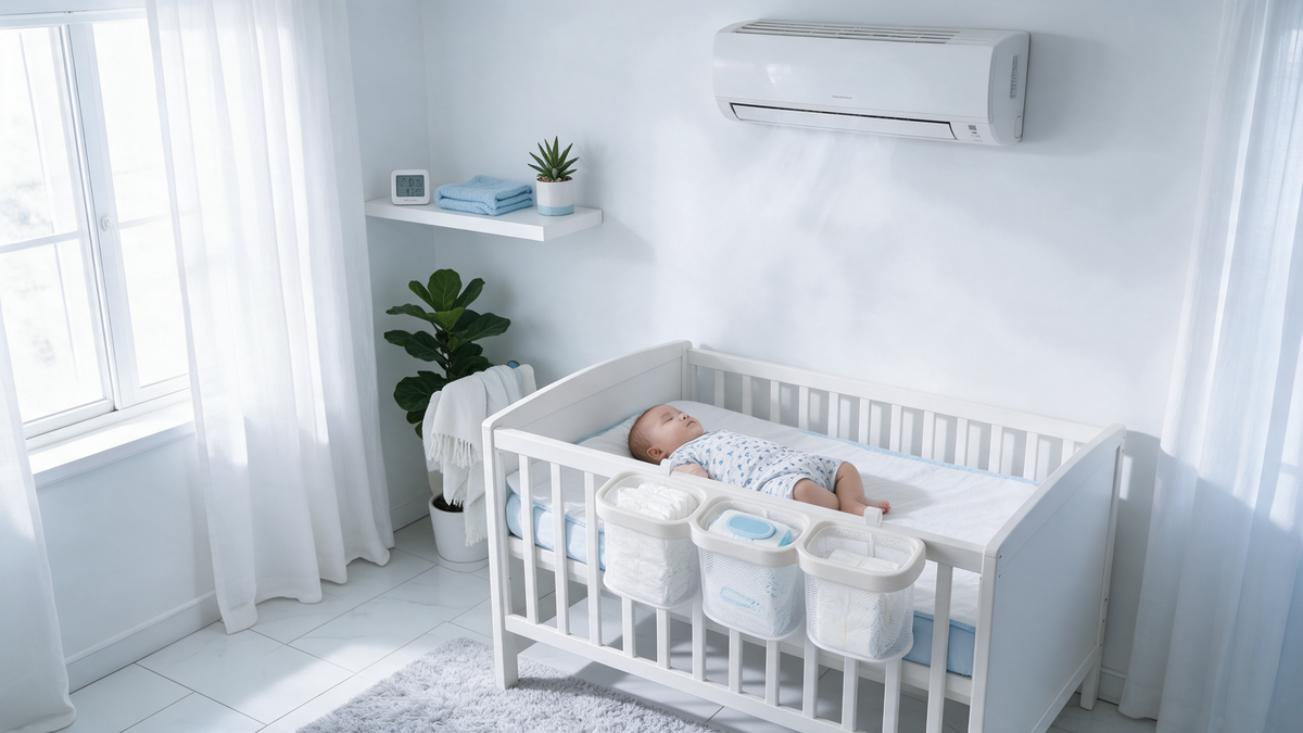 Baby sleeping in a cool air-conditioned nursery with a crib storage caddy, ideal baby room temperature in the UAE
