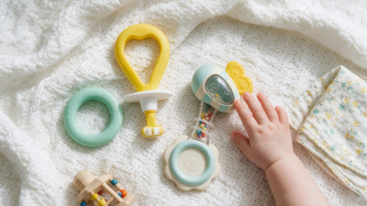 Turtees 3-sided baby toothbrush and double-sided teether rattle on a soft blanket, baby teething