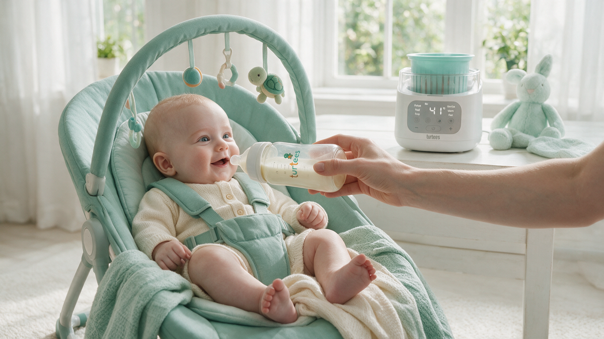 Curious baby in a bouncer being offered a Turtees glass bottle with a bottle warmer behind, baby refusing bottle