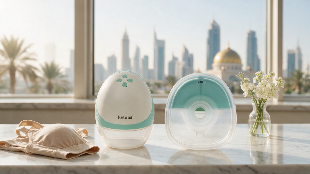 Turtees T10 and T20 wearable breast pumps side by side on a marble vanity, best wearable breast pump UAE guide