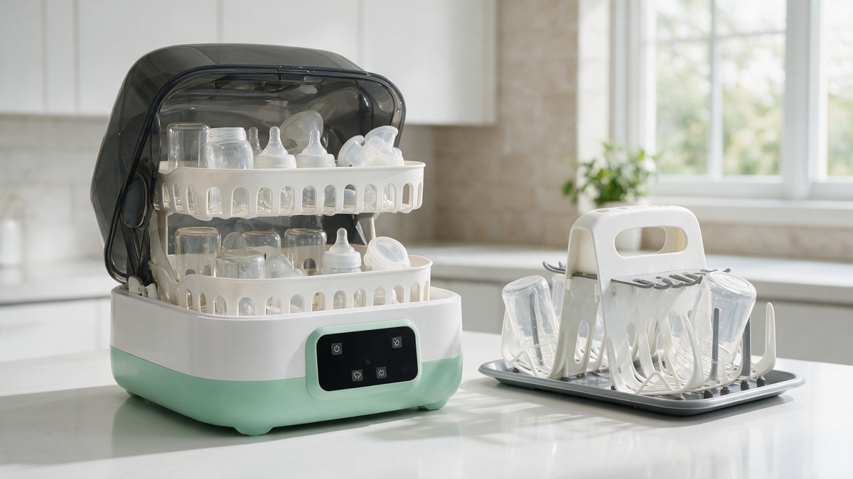 Bottle sterilizer and dryer with clean baby bottles and a drying rack on a kitchen counter