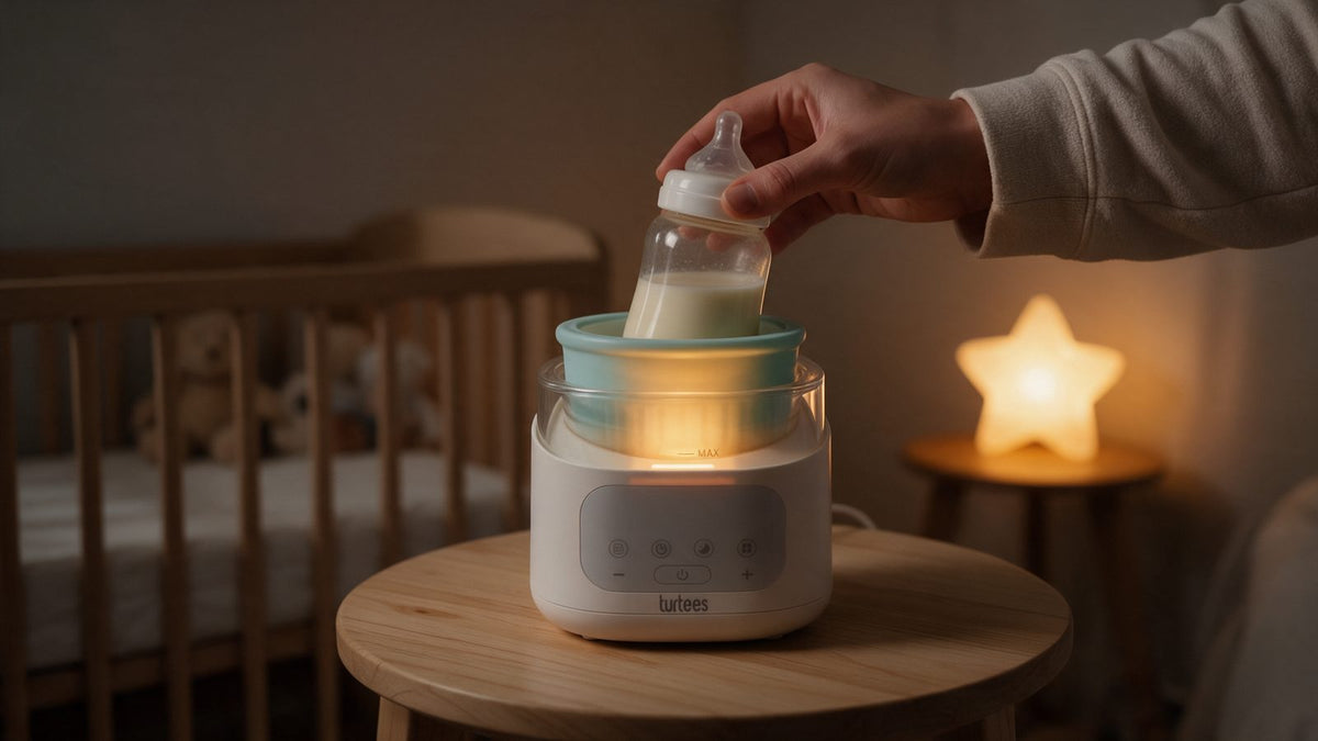 Turtees quick-warm bottle warmer glowing on a nursery table during a night feed