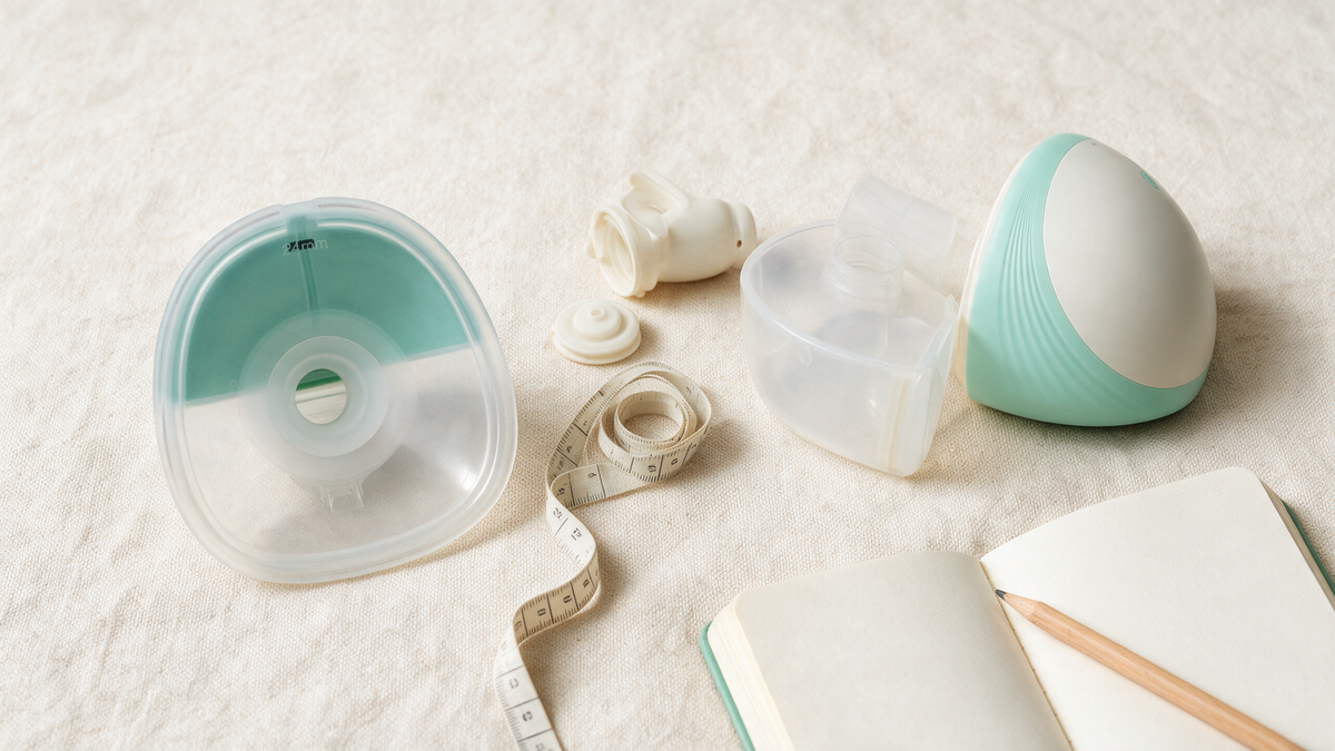 Turtees wearable breast pump flange and parts with a measuring tape, breast pump flange size guide