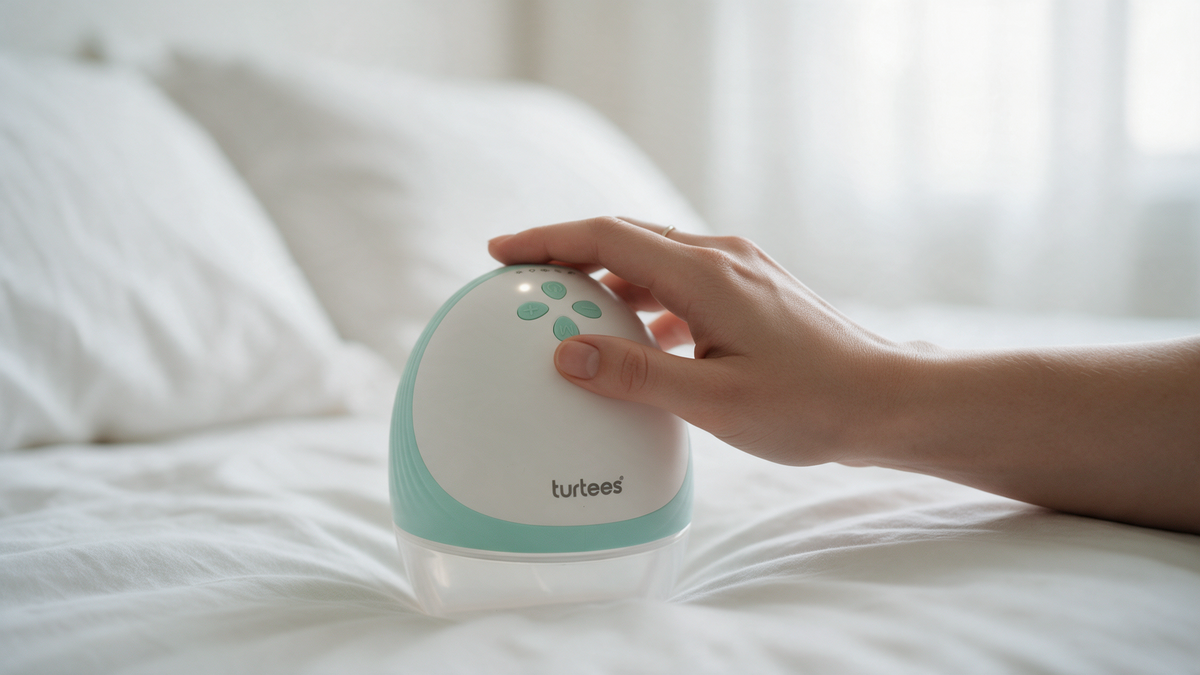 Hand pressing the button on a Turtees T10 wearable breast pump to adjust breast pump suction level
