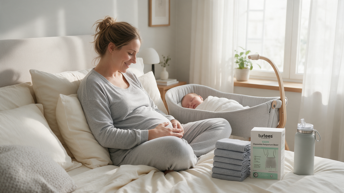 New mum resting in bed beside her sleeping newborn with Turtees postpartum boxers, C-section recovery