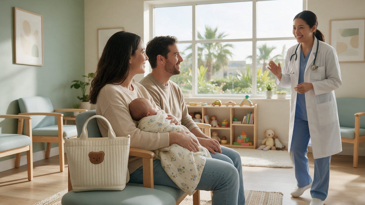 Parents with a baby and a Turtees quilted diaper tote meeting a paediatrician in a UAE clinic