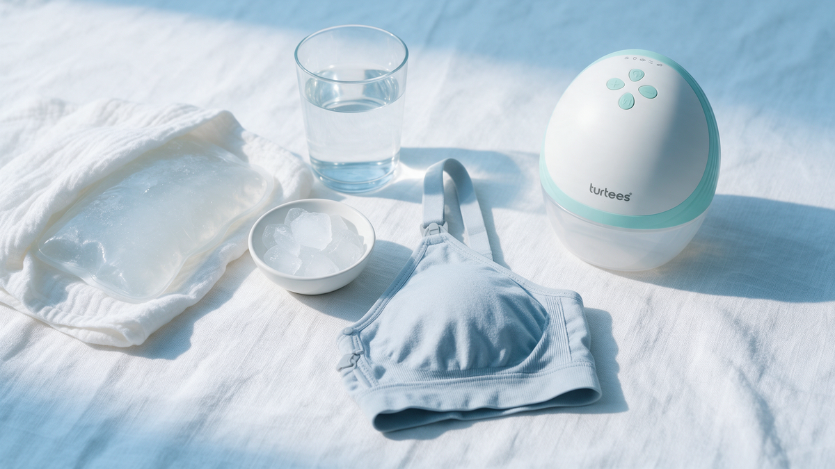 Cool compress, ice, water, soft bra and Turtees T10 pump on light linen, gentle clogged milk duct relief