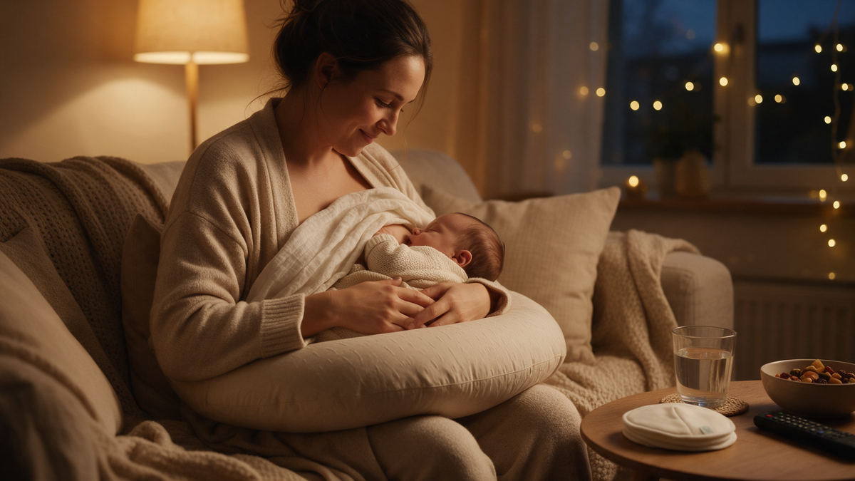 Mum cluster feeding her newborn on a sofa in the evening with a nursing pillow, water and nursing pads nearby