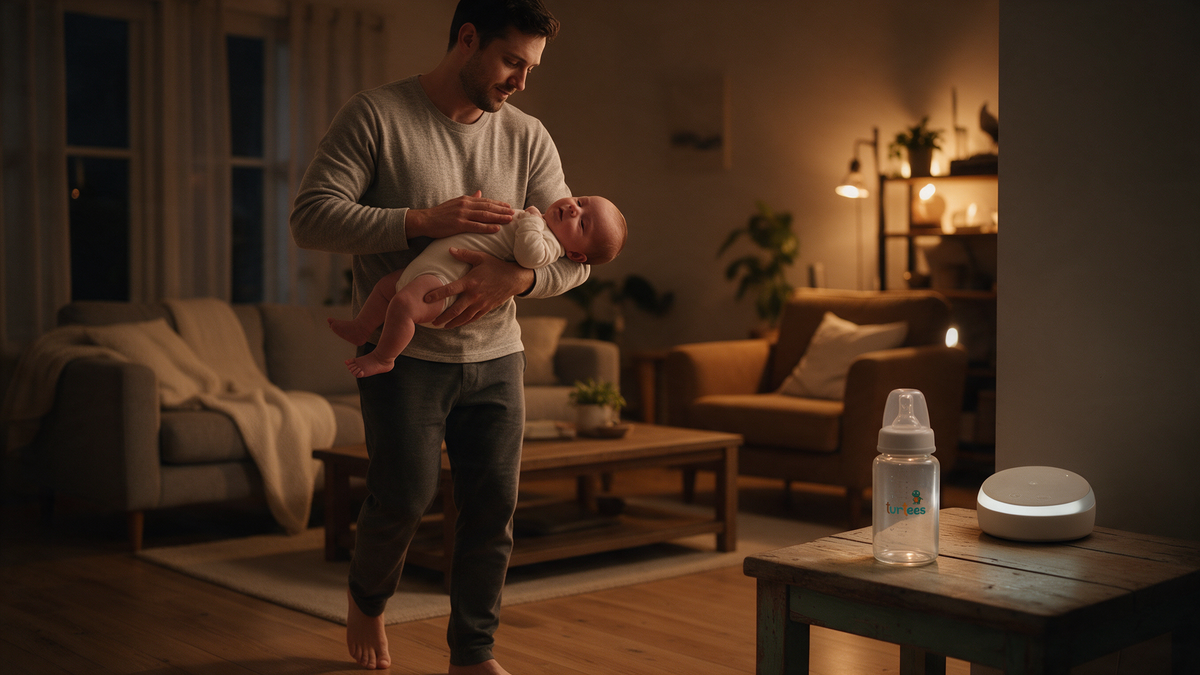 Dad holding his baby in the colic hold in a dim living room with a Turtees bottle nearby, colic soothing