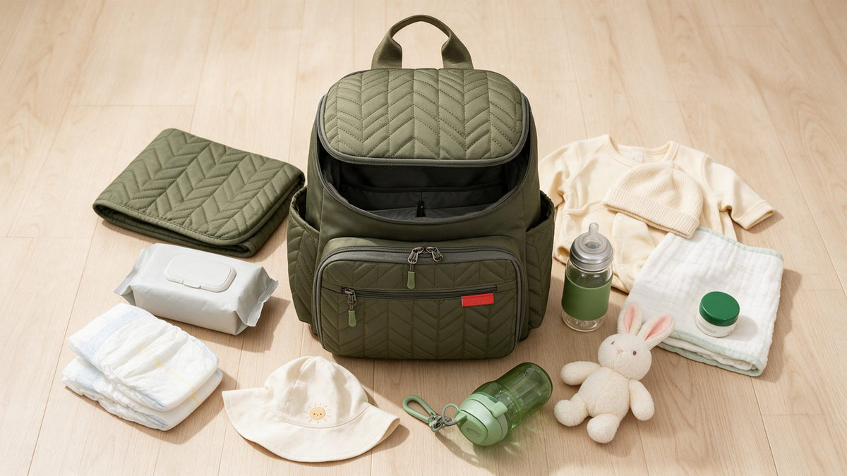 Turtees quilted mummy backpack surrounded by nappies, wipes, changing mat and baby essentials, diaper bag checklist
