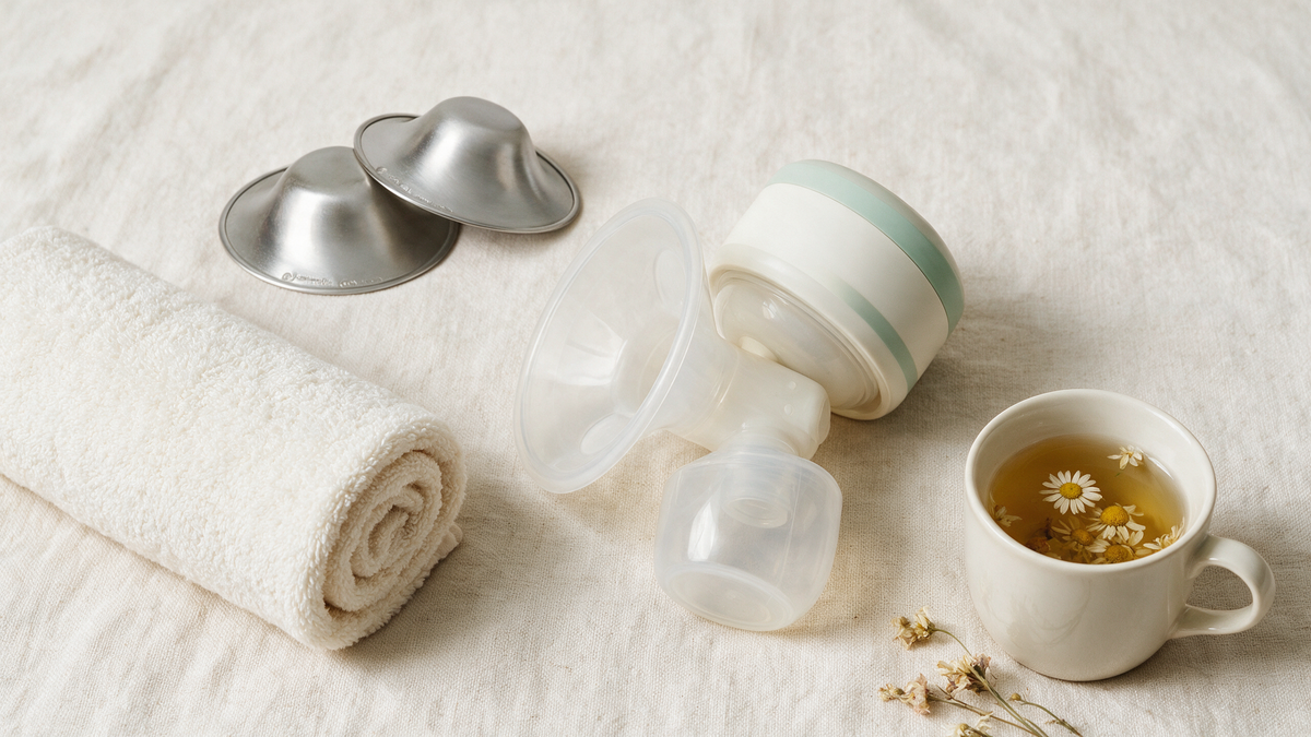 Silver nursing cups, warm towel and breast pump flange with chamomile tea, fixes for when pumping hurts