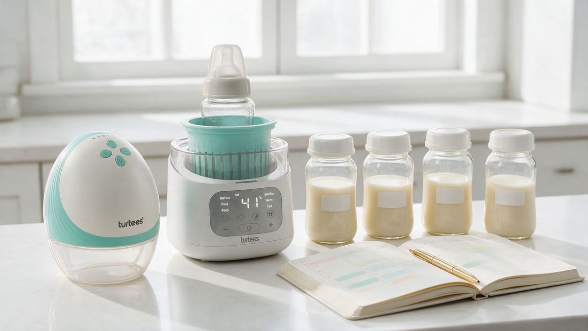 Turtees T10 breast pump, bottle warmer and bottles of expressed milk with a planner for an exclusive pumping schedule