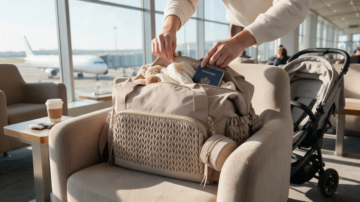 Parent packing passports into a Turtees 360 quilted mummy bag at an airport lounge before flying with a baby