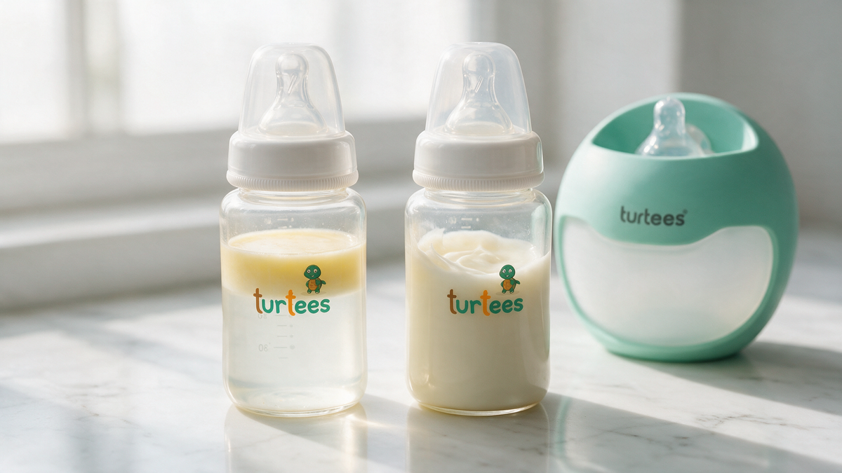 Two Turtees bottles of breast milk, one with a creamy fat layer, beside a T30 milk saver, foremilk vs hindmilk
