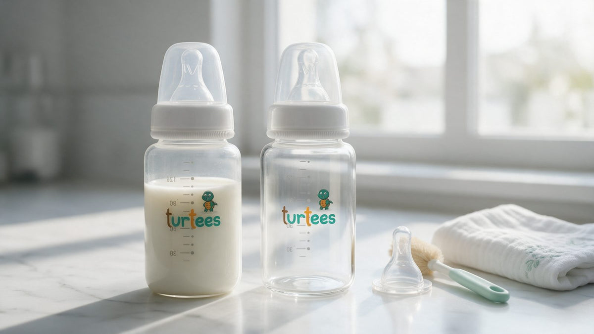 Two Turtees borosilicate glass baby bottles on a kitchen counter, glass vs plastic baby bottles