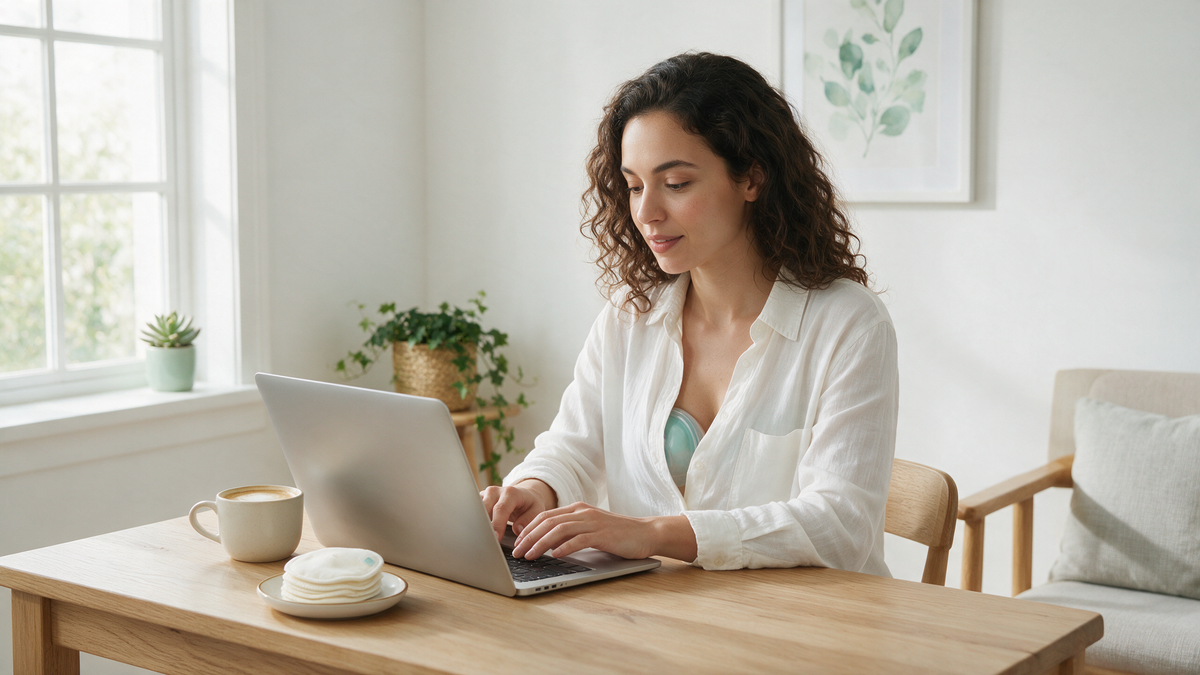 Mum working at a laptop while hands-free pumping with a discreet wearable breast pump