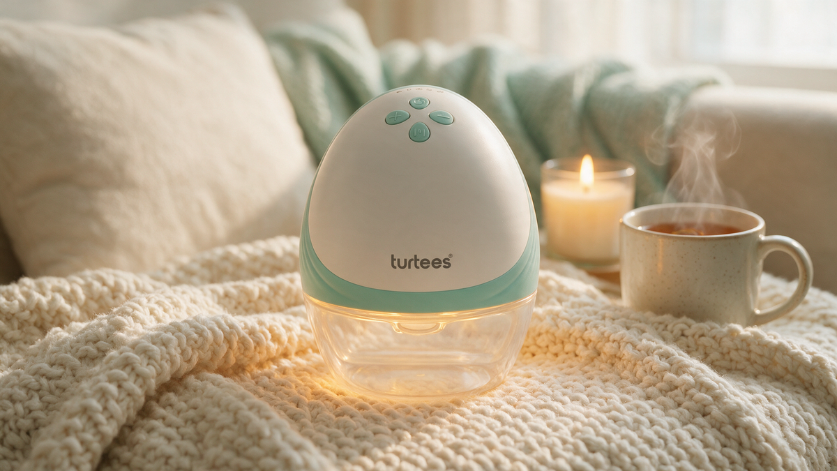 Turtees T10 heated breast pump glowing warmly on a cream knit blanket, heat therapy for let-down