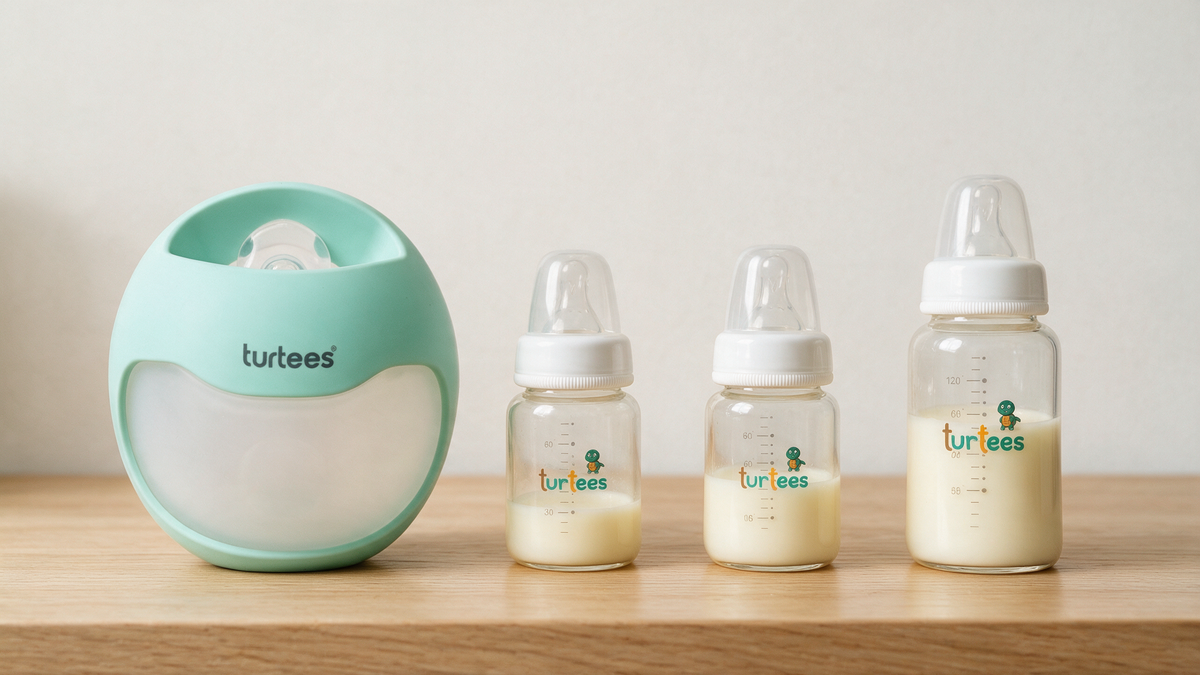 Turtees T30 milk saver beside three bottles of breast milk at different levels, how much milk should I pump