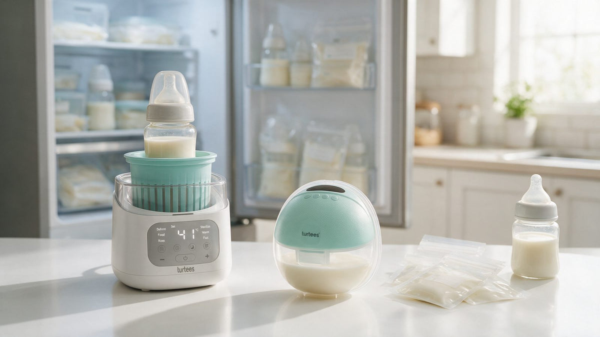 Turtees bottle warmer, wearable breast pump and breast milk storage bags on a kitchen counter with milk stored in the fridge