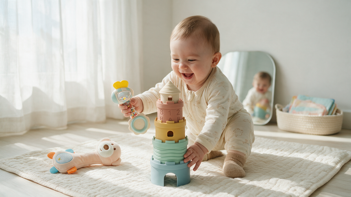 Baby playing with Turtees silicone castle toy and rattles on a play mat, indoor activities for babies in UAE summer