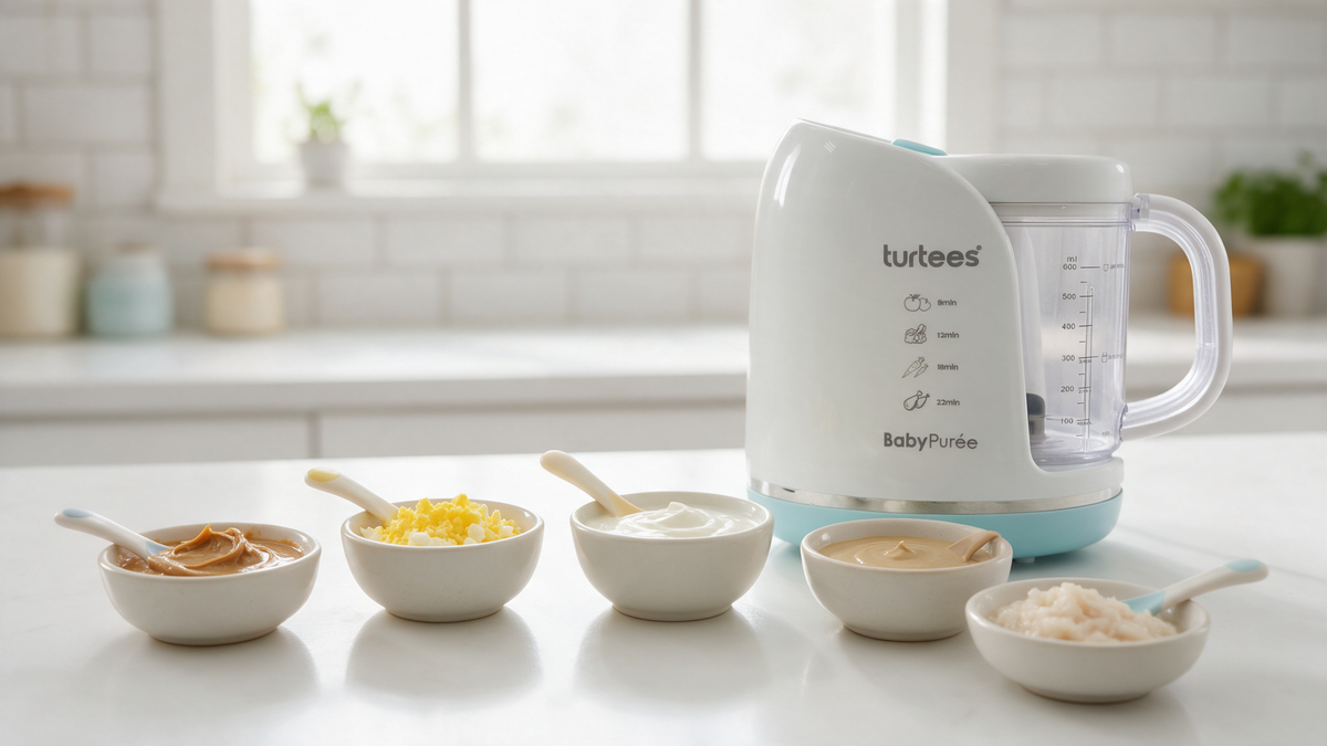 Small bowls of peanut butter, egg, yogurt and tahini beside a Turtees baby food maker, introducing allergens to baby