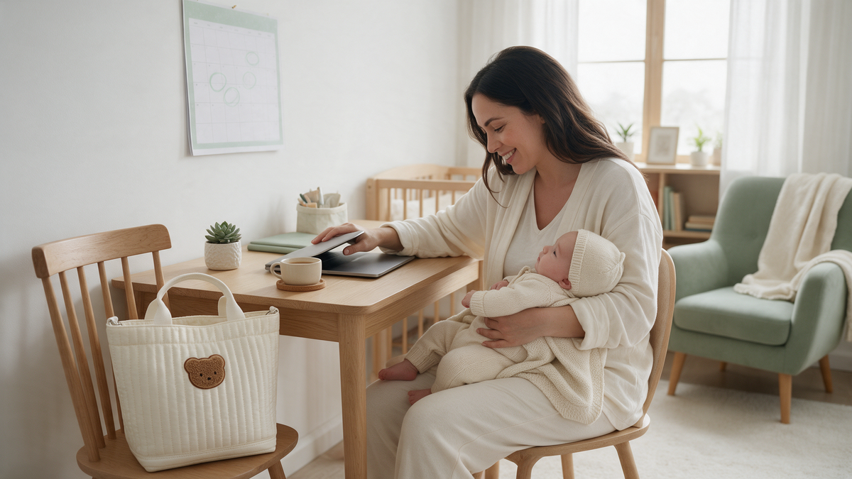 Mum holding her baby at a home desk while closing her laptop, planning maternity leave in the UAE