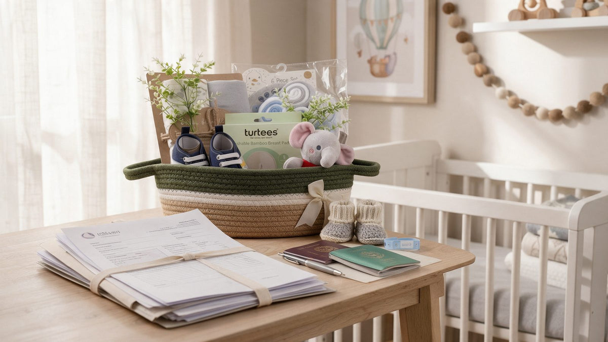 Newborn documents and passports on a table beside a Turtees gift hamper in a nursery, UAE birth certificate checklist