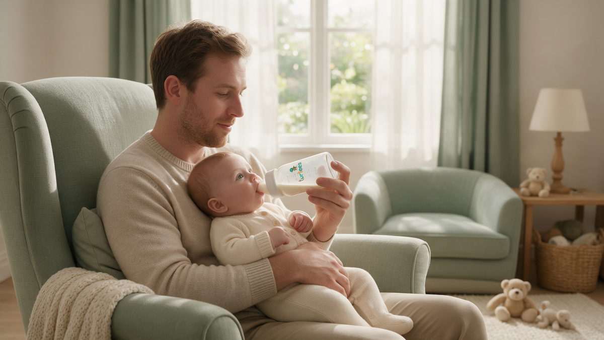 Dad paced bottle feeding his upright baby with a Turtees glass bottle held almost horizontal
