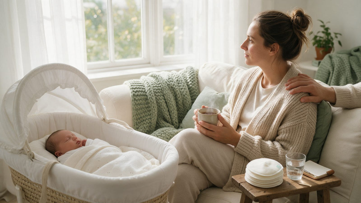 New mum resting with tea while her partner offers support and her newborn sleeps nearby, postpartum depression and baby blues