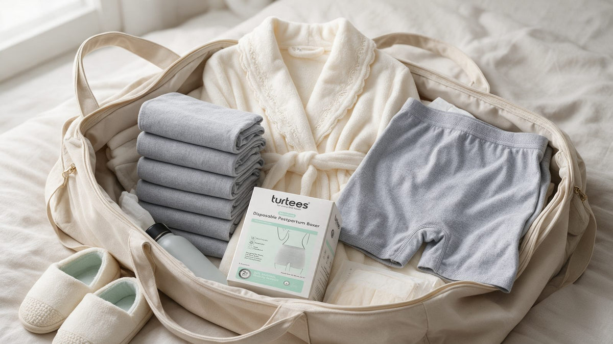 Turtees high-waist postpartum boxers packed in a hospital bag for C-section recovery