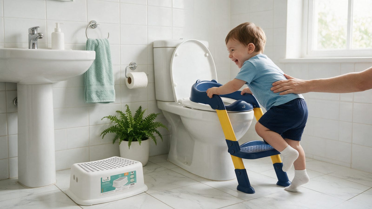 Toddler climbing a Turtees potty training ladder with a Turtees step stool by the sink