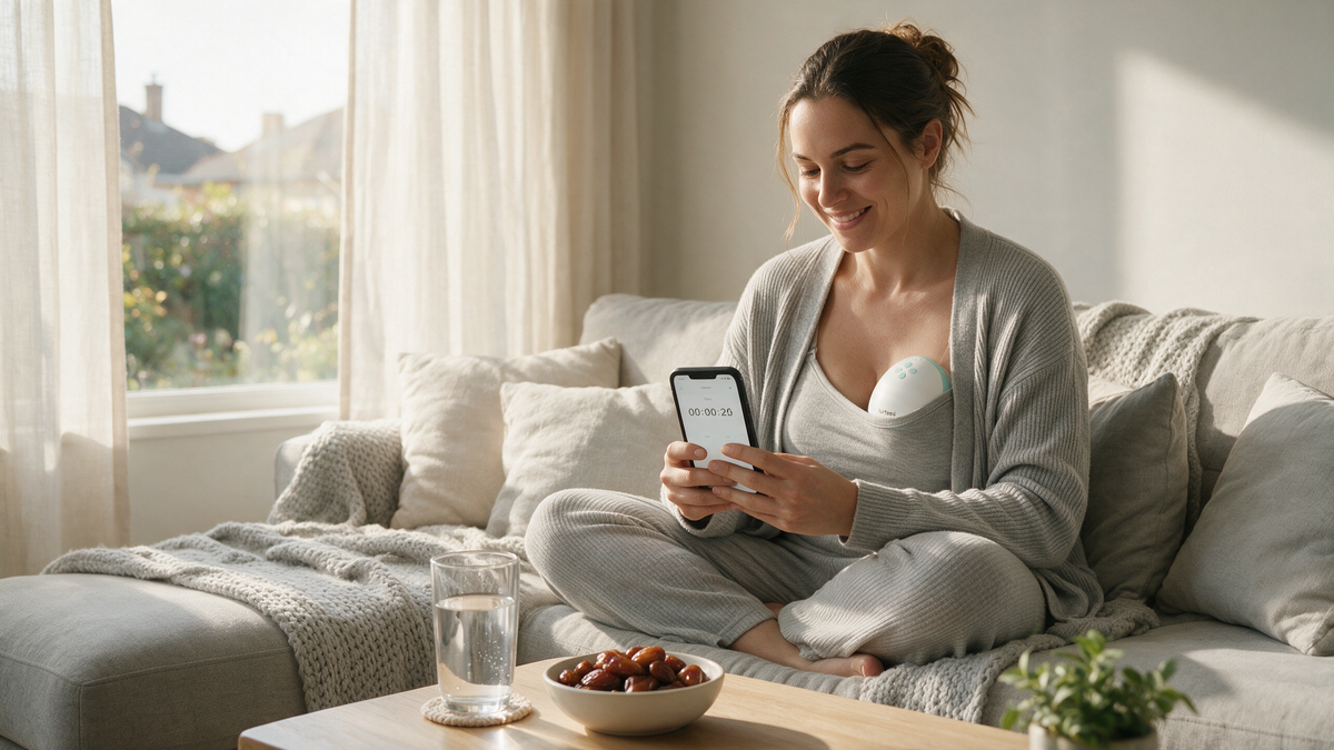Mum on a sofa wearing a Turtees wearable breast pump with a phone timer during a power pumping session