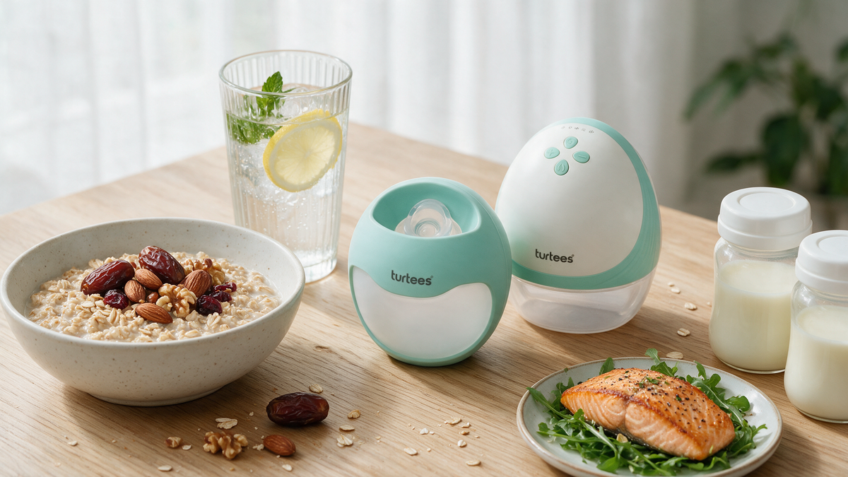 Turtees T10 breast pump and T30 milk saver with oats, dates, salmon and water, tips to pump more milk