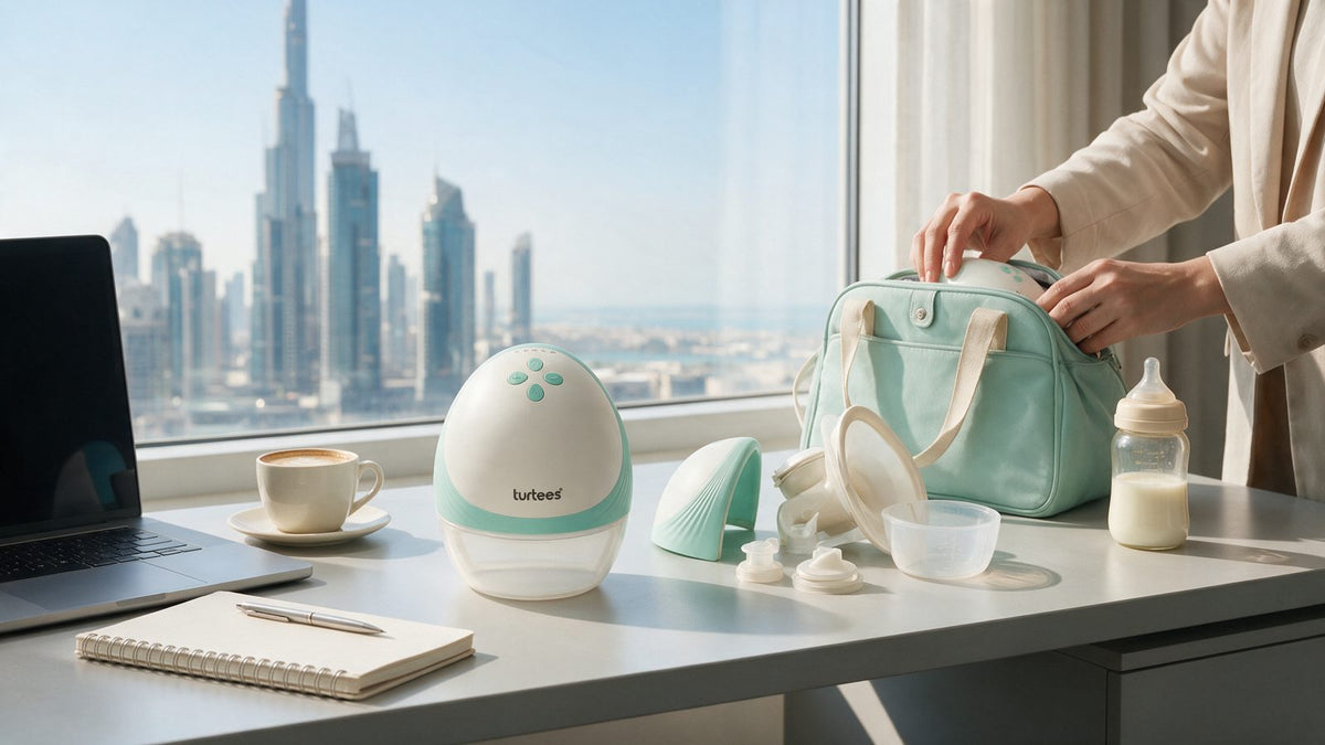 Turtees T10 wearable breast pump and cooler bag on an office desk in Dubai, pumping at work