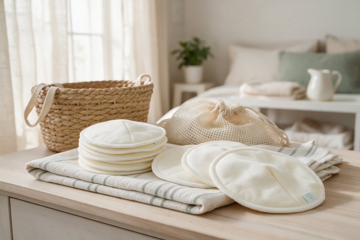 Reusable Turtees bamboo nursing pads stacked on a linen towel beside a laundry basket