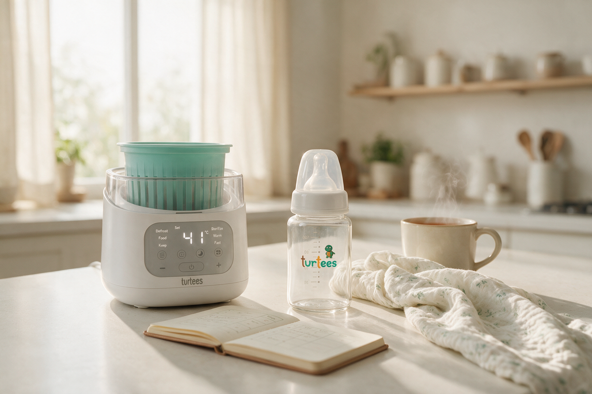 Turtees bottle warmer and glass bottle on a kitchen counter with a feeding notebook