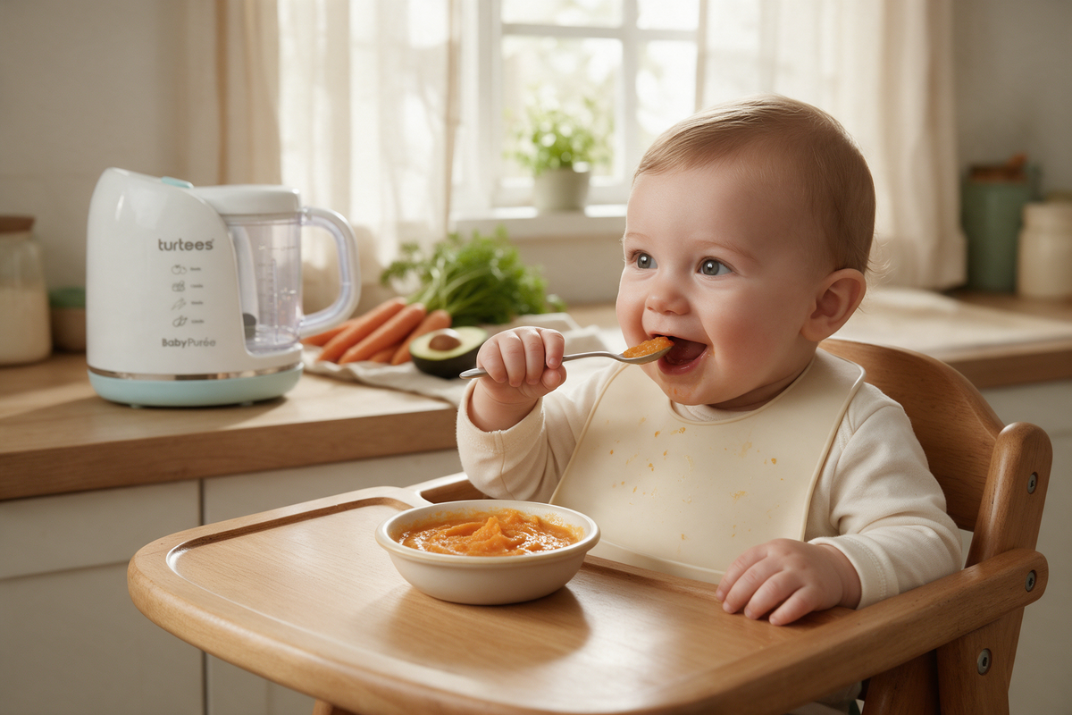 Baby tasting first sweet potato purée with the Turtees baby food maker behind