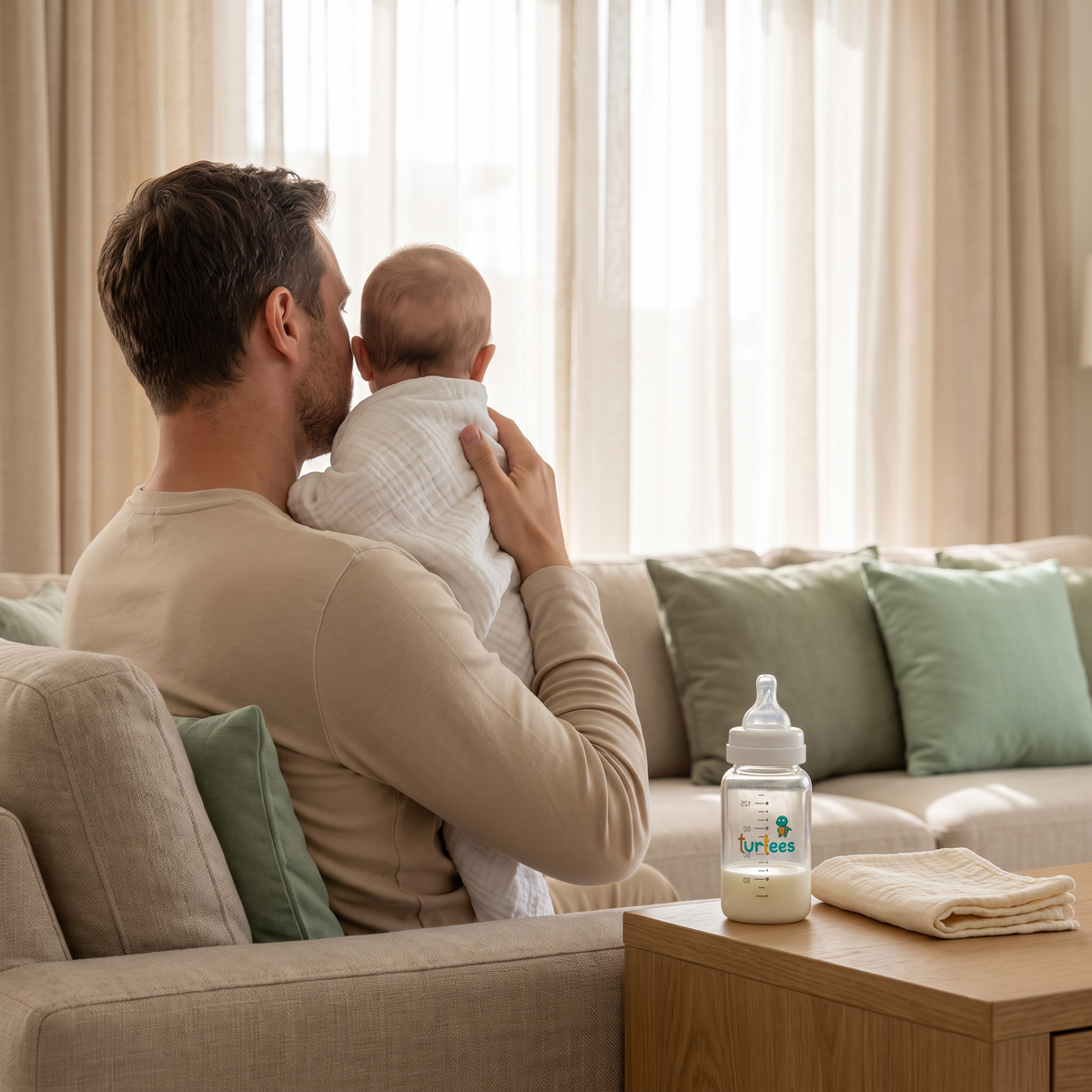Dad holding his baby upright against his shoulder to burp after a bottle feed