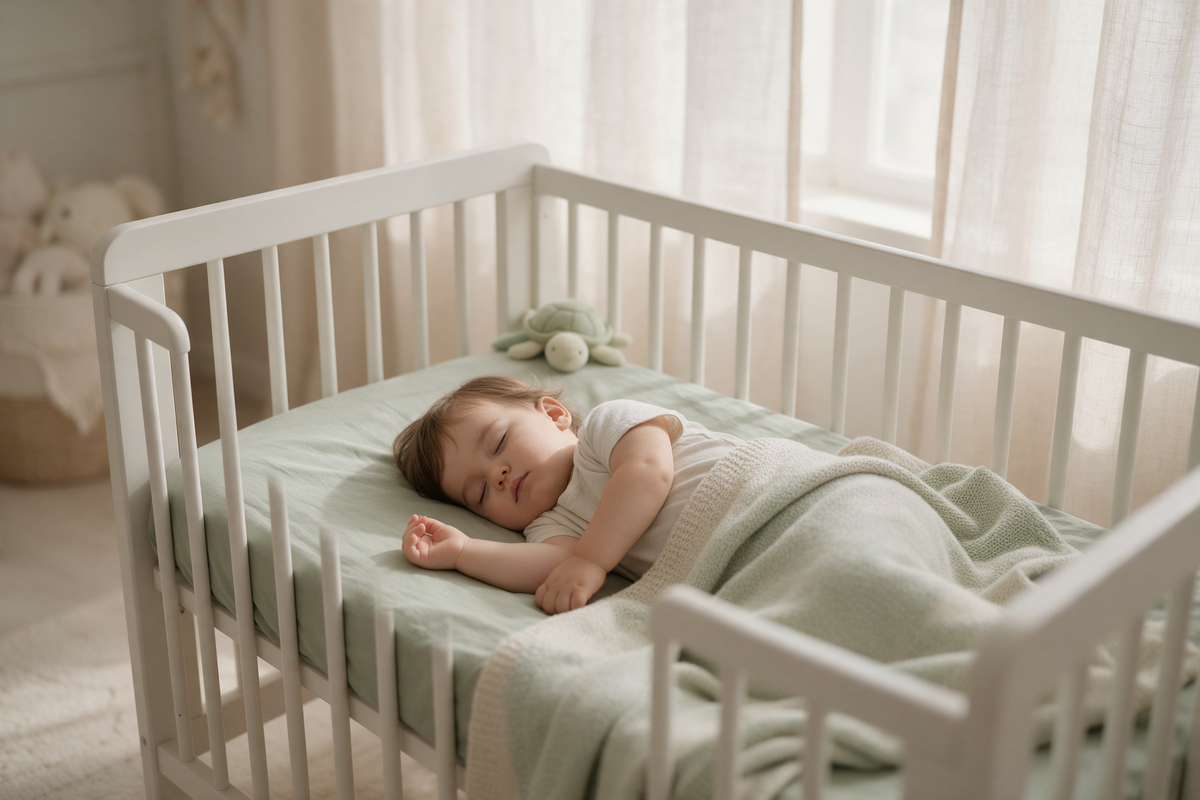 Toddler napping peacefully in a cot in soft afternoon light