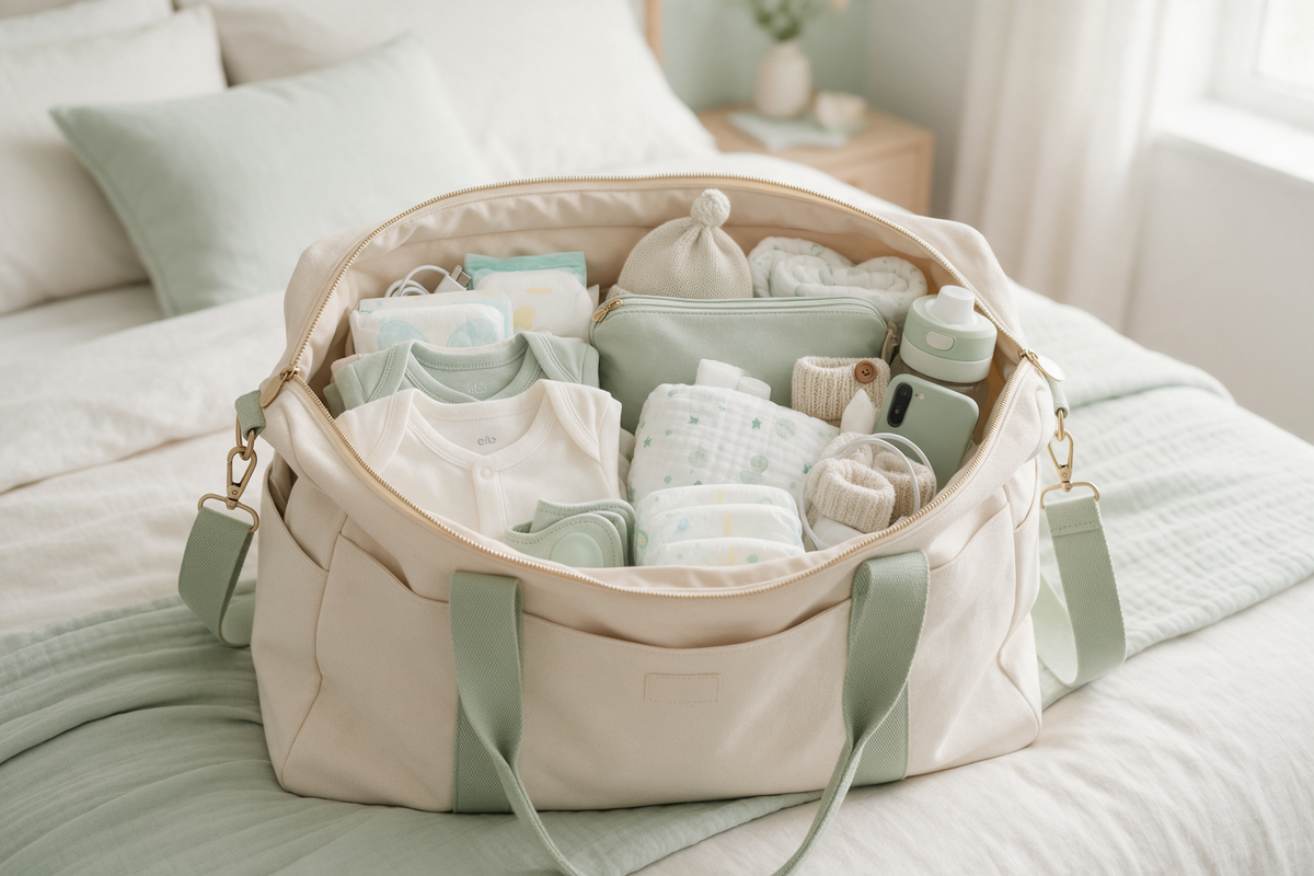 Packed hospital bag with newborn clothes, nappies and essentials on a bed