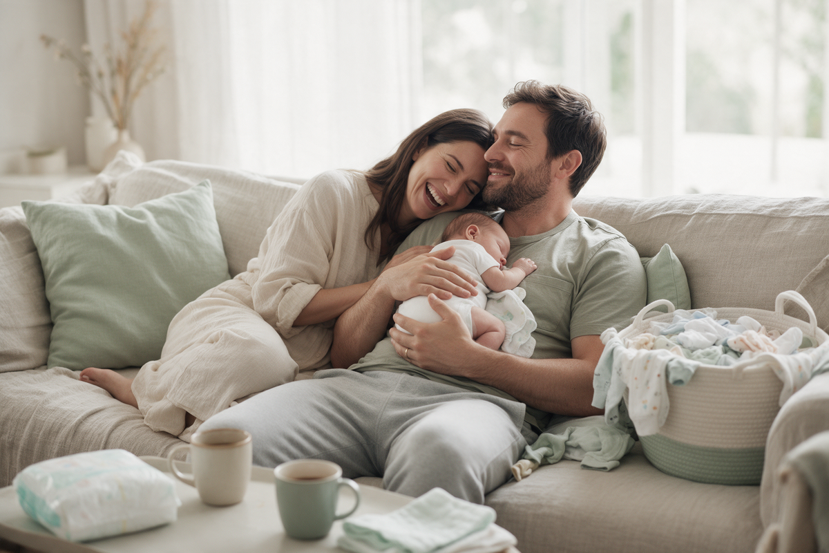 Happy, tired new parents on the sofa with their sleeping newborn