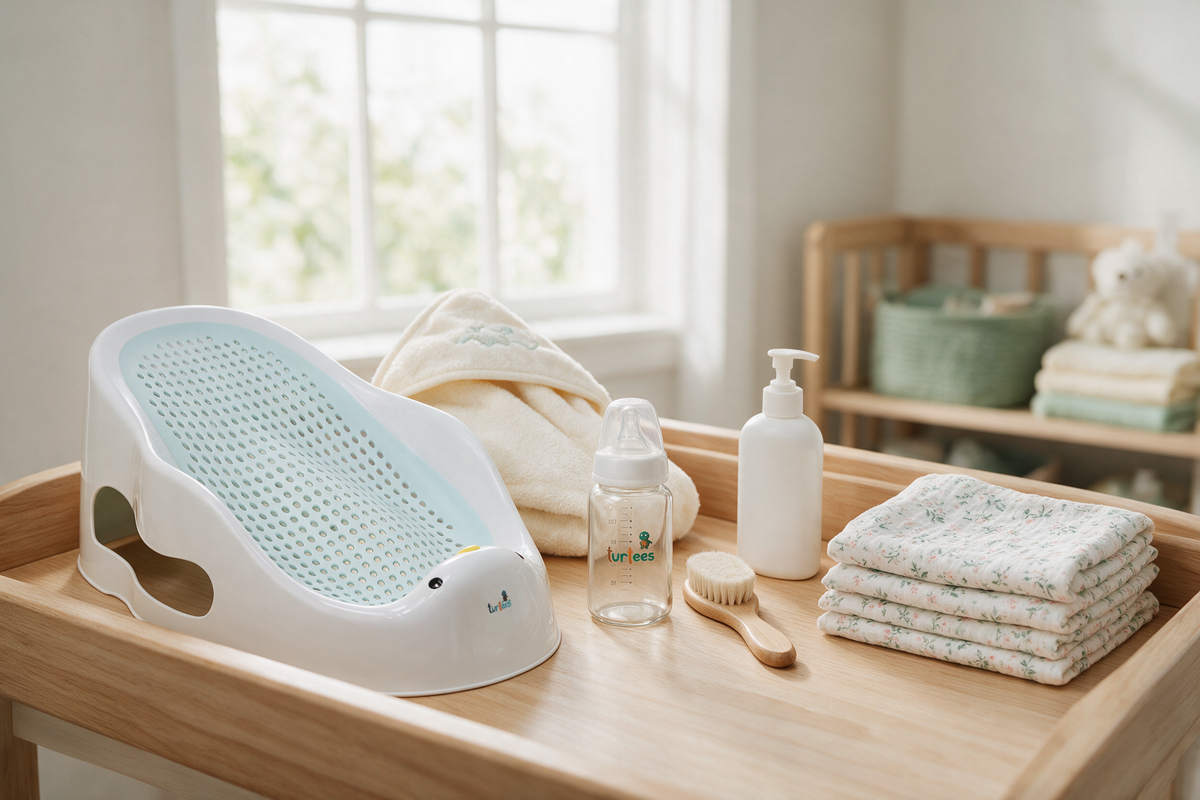 Newborn care essentials with a Turtees baby bath seat, bottle, towel and brush