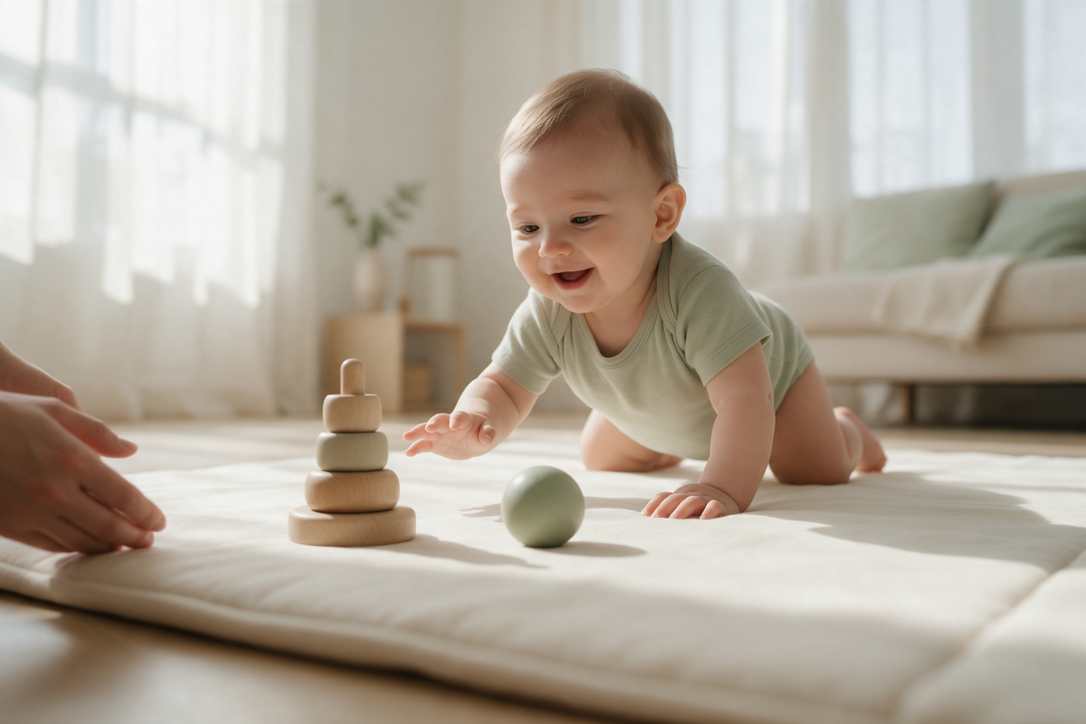 Smiling baby crawling towards wooden toys on a play mat