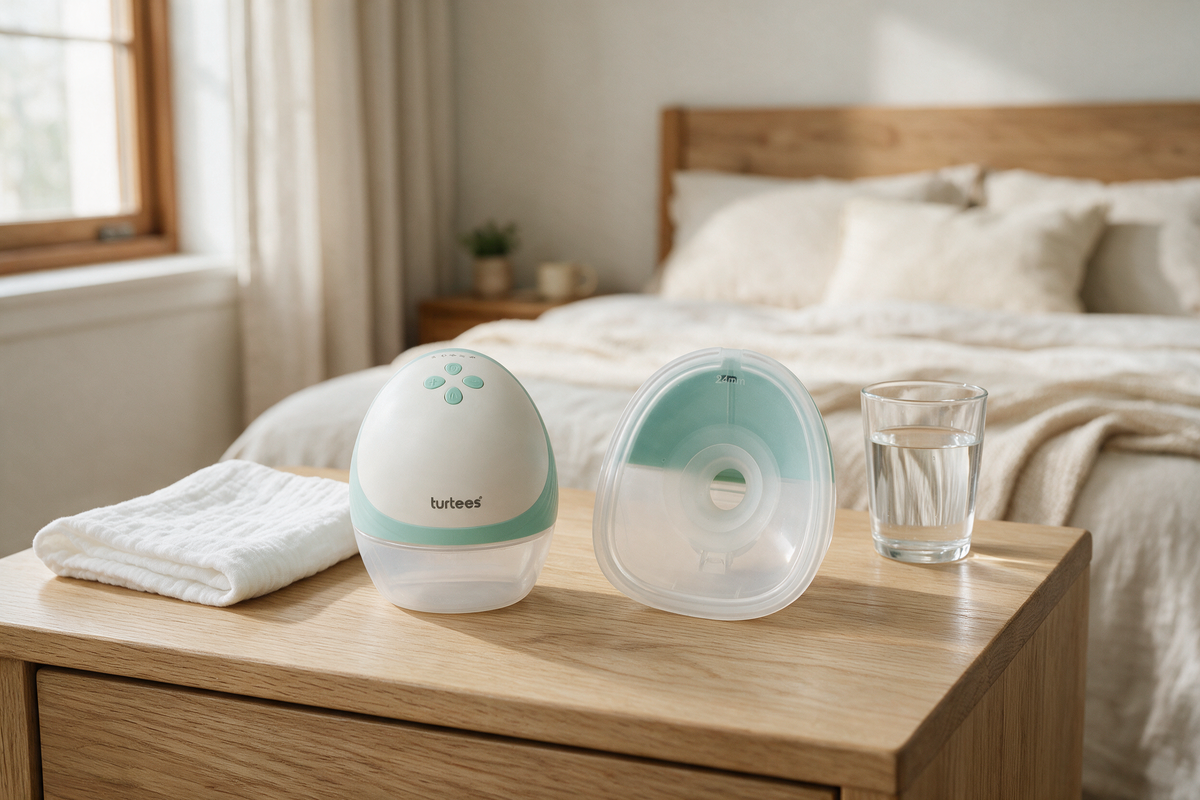 Turtees T10 and T20 wearable breast pumps side by side on a bedside table