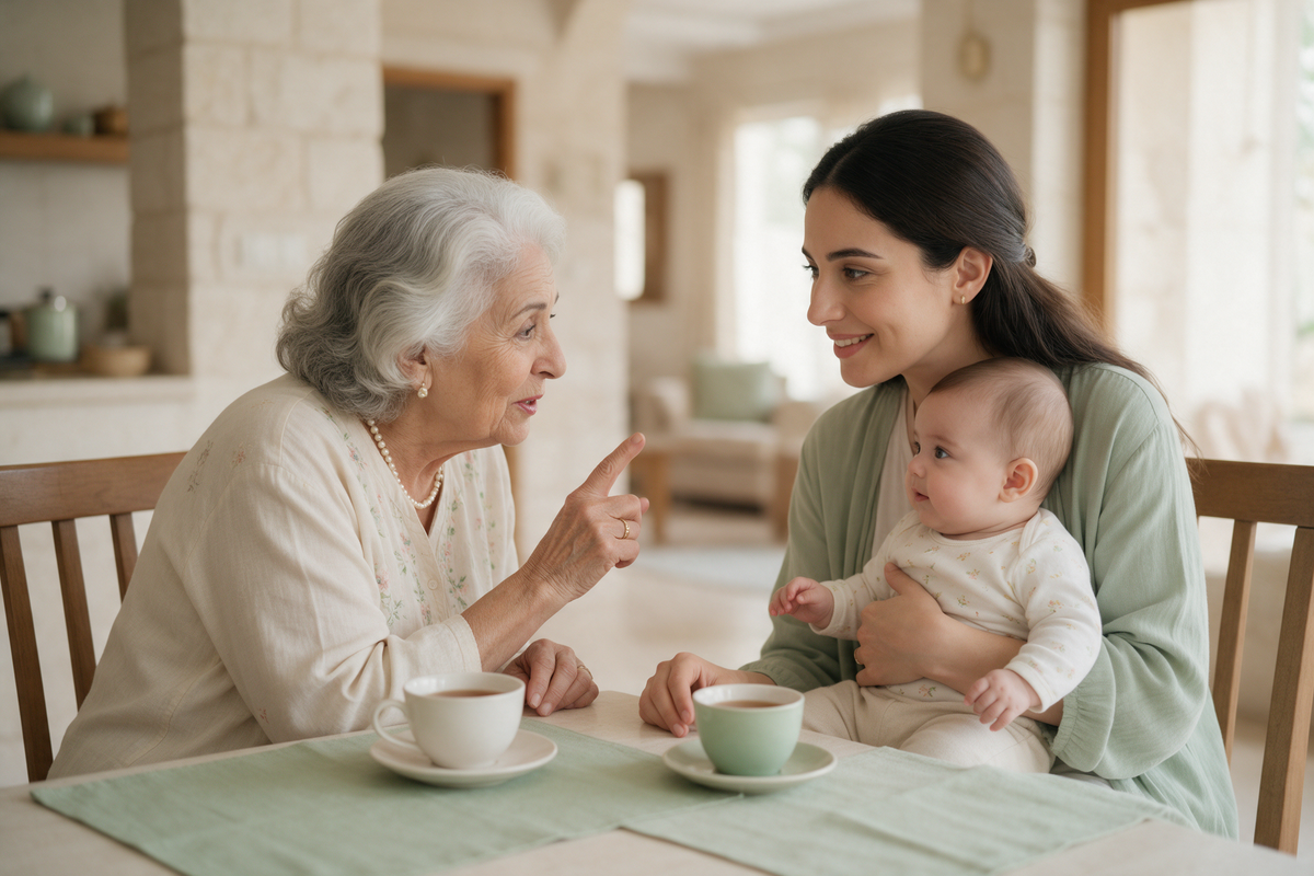 Grandmother sharing advice with a smiling mother holding her baby