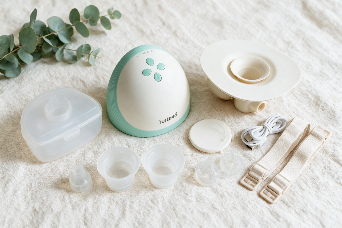 Turtees T10 wearable breast pump kit laid out for setup